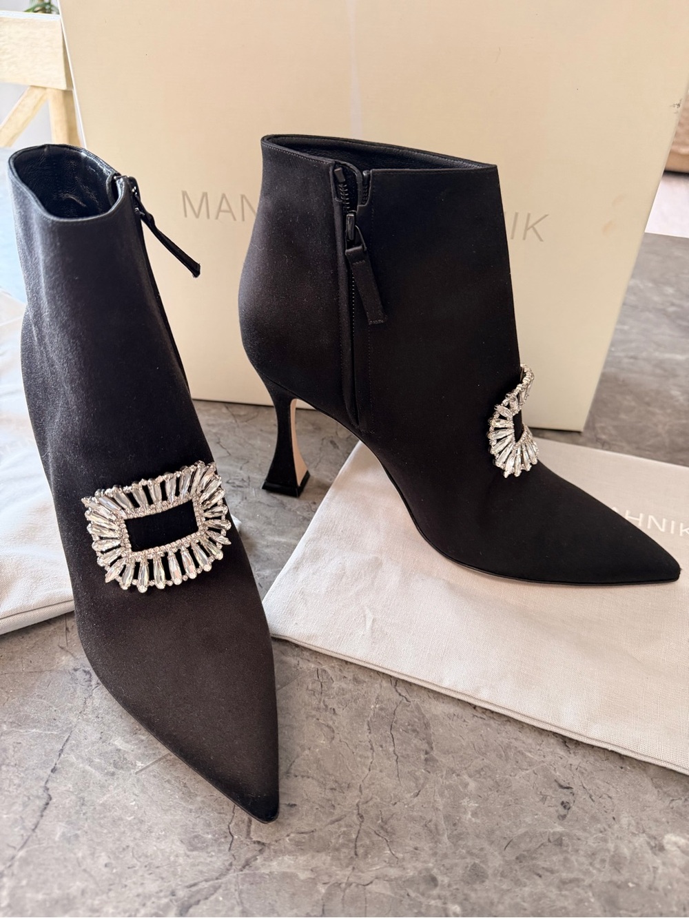 Manolo Blahnik Black Crystal-Buckle Pointed Ankle Boots